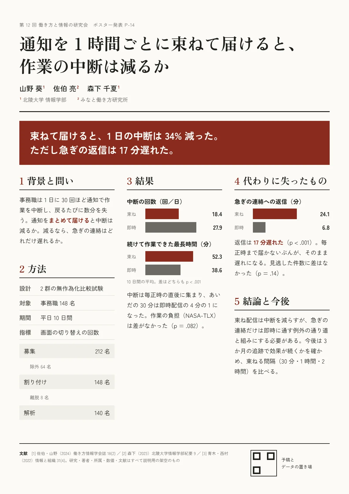 学会ポスター（A0 縦）— 題の帯、結論の 1 行、3 段組の本文