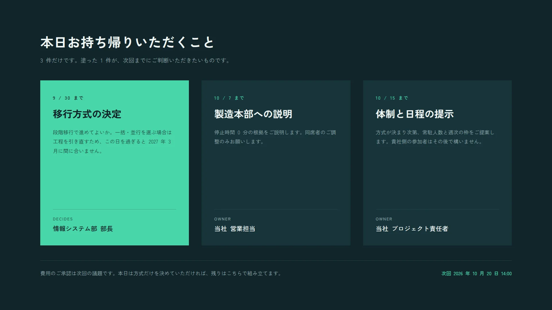 次の一手 — 誰が・いつまでに・何を